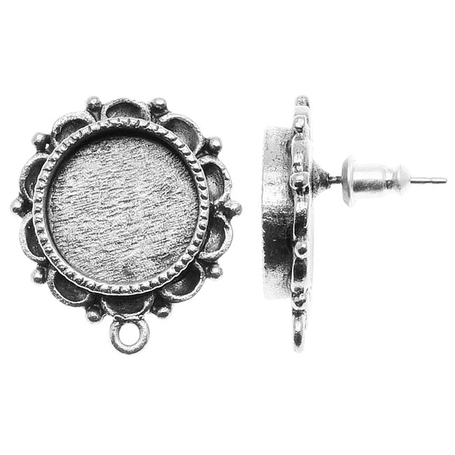 Nunn Design Antiqued Silver Plated Ornate Round Bezel Earring Post 13mm (2 Pieces)