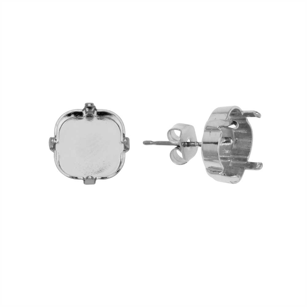 Gita Jewelry Setting for PRESTIGE Crystal, Stud Post Earrings for 10mm Cushions, Rhodium Plated (1 Pair)