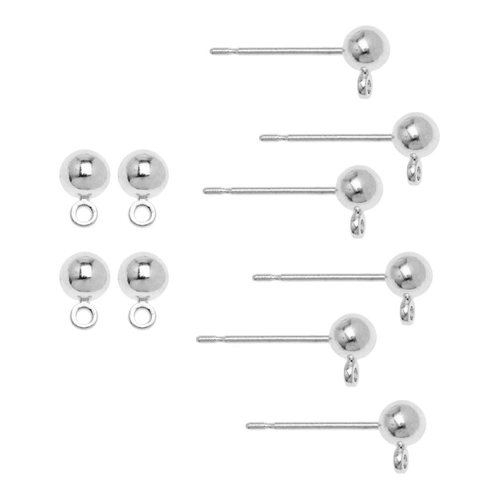 Earring Posts, Stud with Ball 4mm & Perpendicular Loop, Silver Plated (10 Pairs)