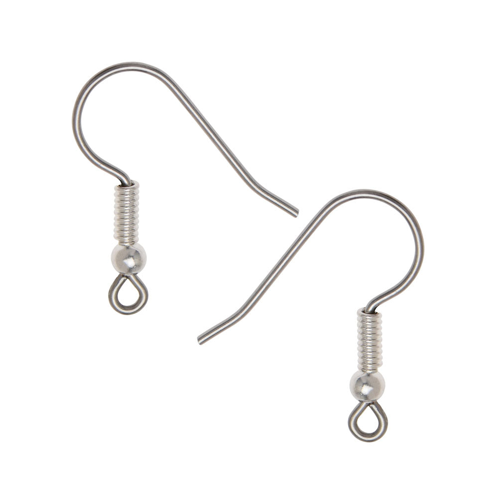 Earring Findings, Hook with Ball & Coil 18mm Long 23 Gauge, Stainless Steel (10 Pairs)