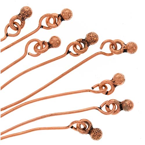 Eye Pins, with  Dangling Ball 2 Inches Long and 21 Gauge Thick, Copper (10 Pieces)