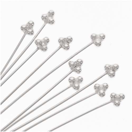 Head Pins, 3 Ball Bali Style 2 Inches Long and 24 Gauge Thick Sterling Silver (10 Pieces)