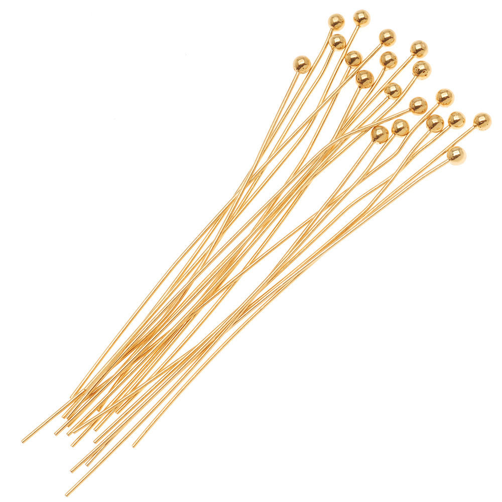 Head Pins, with Ball Head 2 Inches Long and 24 Gauge Thick, 22K Gold Plated (20 Pieces)
