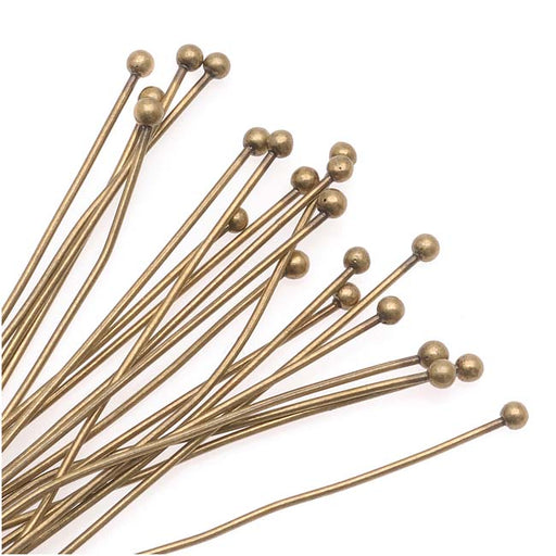 Head Pins, with Ball Head 1.5 Inches Long and 21 Gauge Thick, Antiqued Brass (20 Pieces)