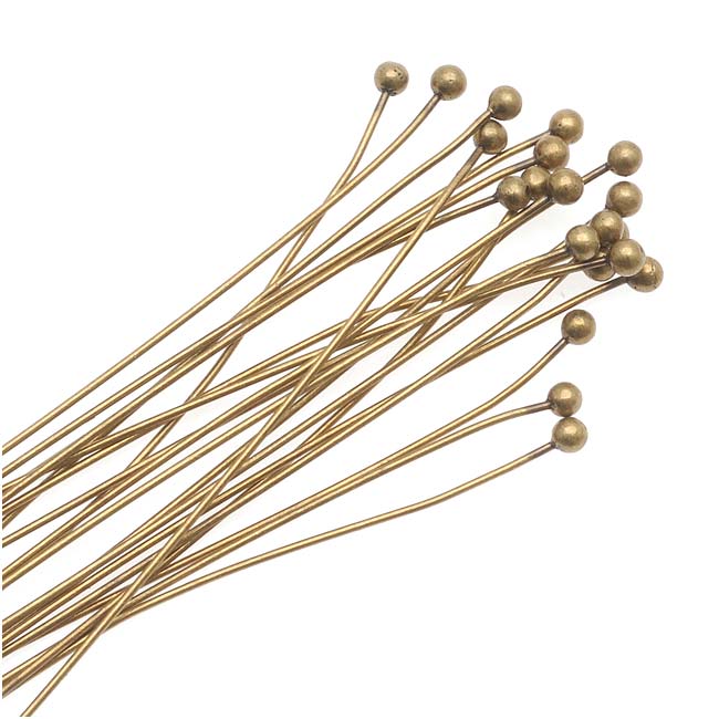 Head Pins, with Ball Head 1.5 Inches Long and 24 Gauge Thick, Antiqued Brass (20 Pieces)