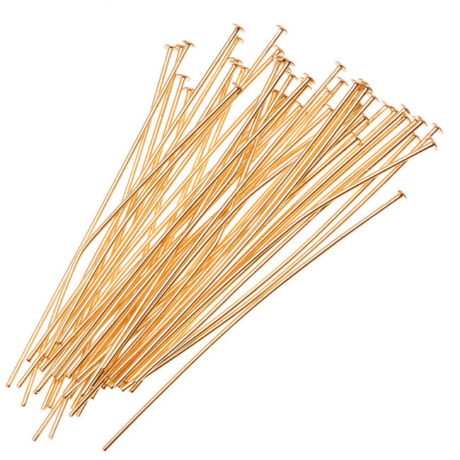 Head Pins, 2 Inches Long and 21 Gauge Thick, 22K Gold Plated (50 Pieces)