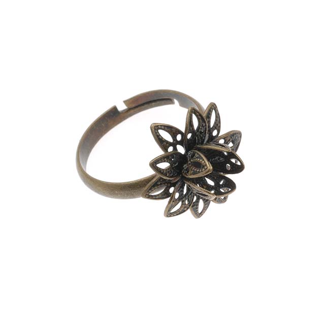 Antiqued Brass Flower Adjustable Ring With Setting For Stone 16mm (1 pcs)