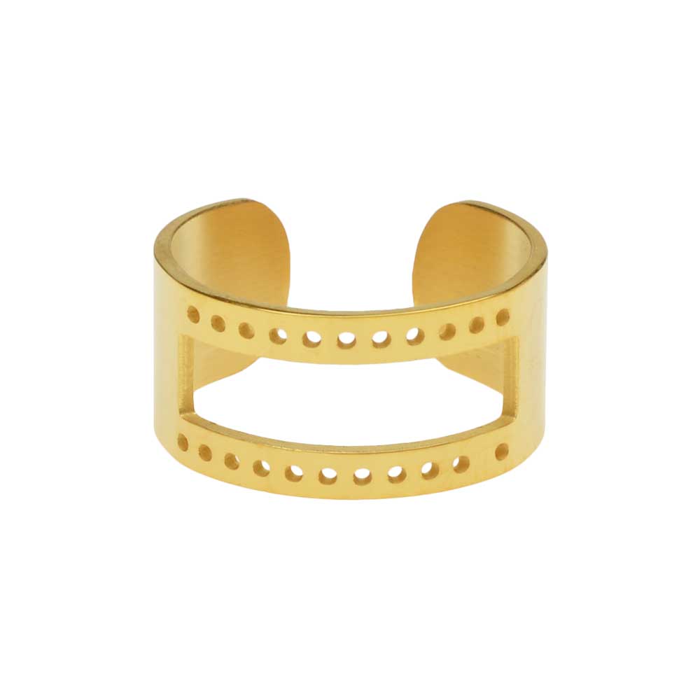 Centerline Beadable Adjustable Ring, with Rectangular Cutout and Holes 10mm Wide, Gold Plated