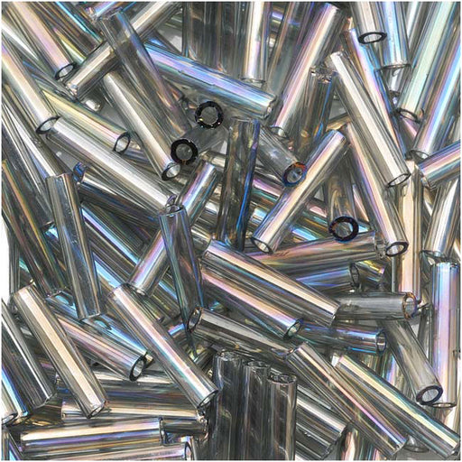 Toho Bugle Tube Beads Size #3 2x9mm Transparent Rainbow Gray 10 Grams