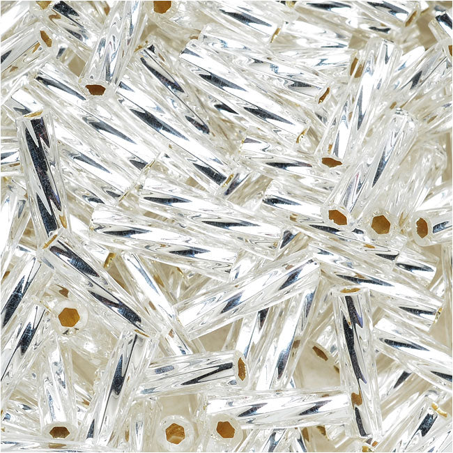 Toho Glass, Twisted Bugle Beads Size #3 9x2mm, Silver Lined Crystal (10 Grams)