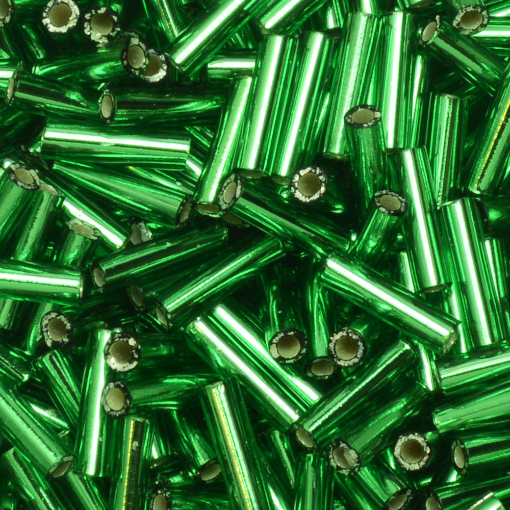 Miyuki Bugle Tube Beads, Cylinder Size #2 6x1.5mm, Silver Lined Green (17 Grams)