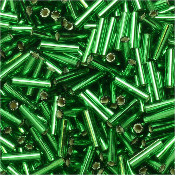 Miyuki Bugle Tube Beads, Cylinder Size #2 6x1.5mm, Silver Lined Green (17 Grams)