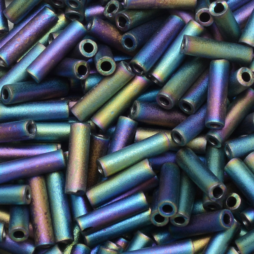Miyuki Bugle Tube Beads, Cylinder Size #2 6x1.5mm, Matte Black AB (17 Grams)
