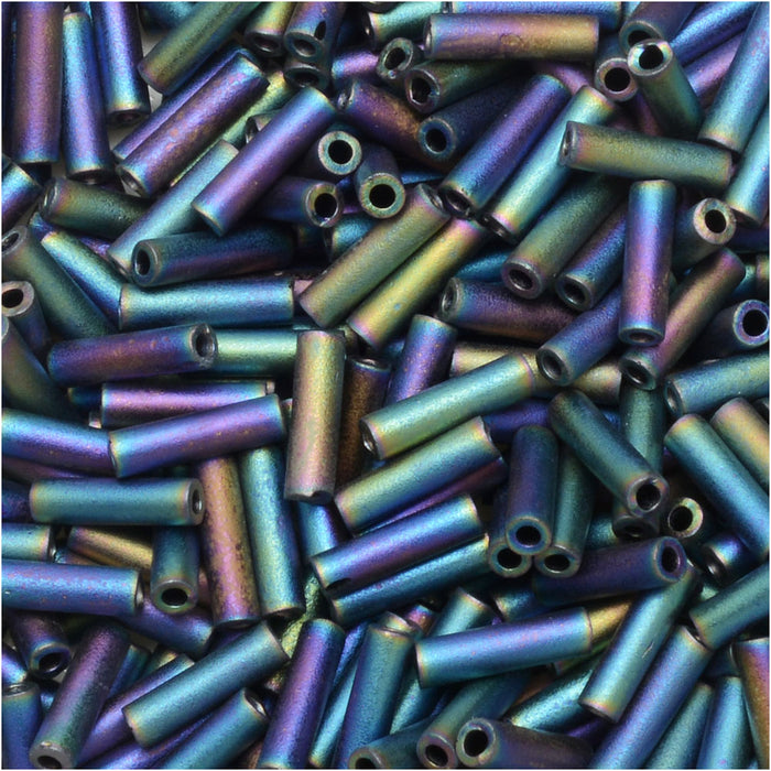 Miyuki Bugle Tube Beads, Cylinder Size #2 6x1.5mm, Matte Black AB (17 Grams)