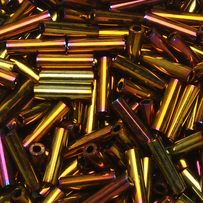 Miyuki Bugle Tube Beads, Cylinder Size #2 6x1.5mm, Metallic Gold Iris (17 Grams)