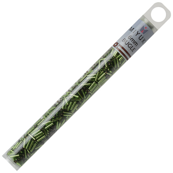 Miyuki Bugle Tube Beads, Cylinder Size #2 6x1.5mm, Silver Lined Olive (17 Grams)