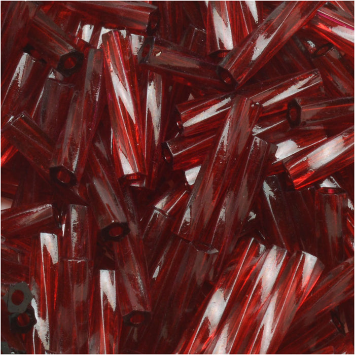 Miyuki Bugle Tube Beads, Twisted Cylinder 12x2.7mm, Dyed Transparent Cranberry (13 Grams)