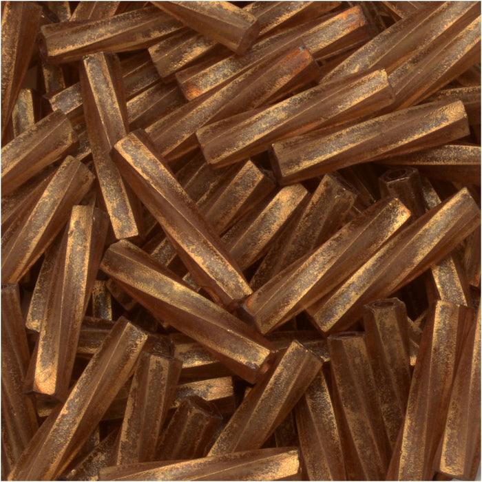 Miyuki Bugle Tube Beads, Twisted Cylinder 12x2.7mm, Gold Antiqued Matte Transparent Topaz (13 Grams)