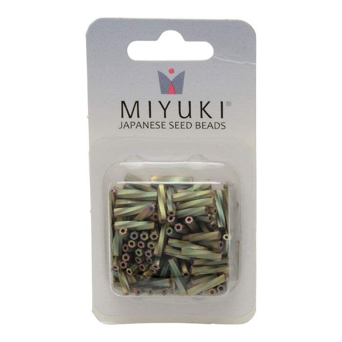 Miyuki Bugle Tube Beads, Twisted Cylinder 12x2.7mm, Matte Metallic Khaki Iris (13 Grams)