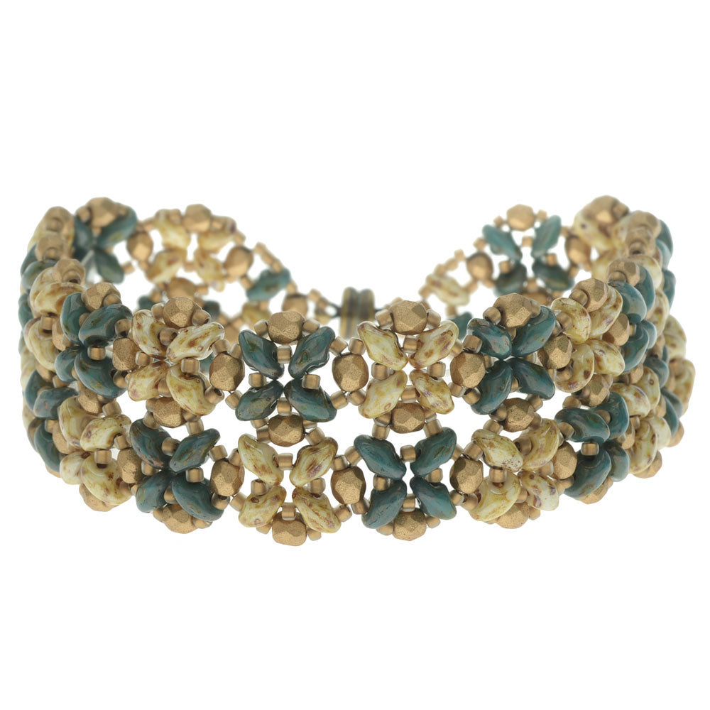 SuperDuo Blooms Bracelet - Teal/Cream - Exclusive Beadaholique Jewelry Kit