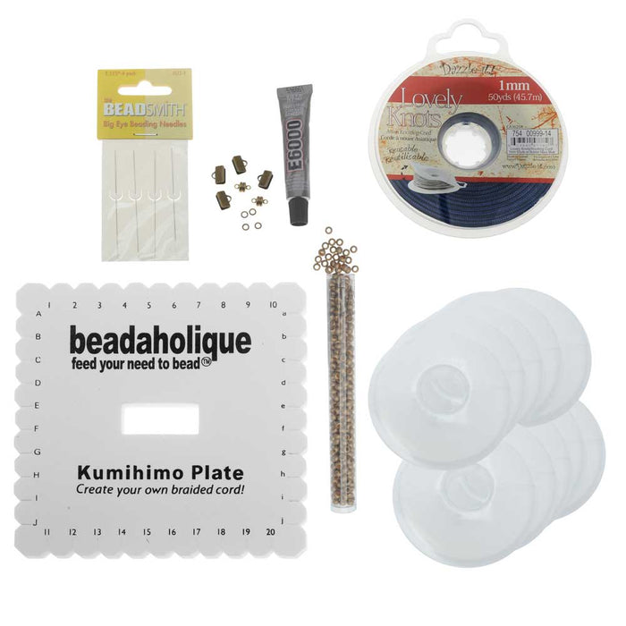 Beaded Flat Kumihimo Bracelet Set - Blue/Antique Brass - Exclusive Beadaholique Jewelry Kit
