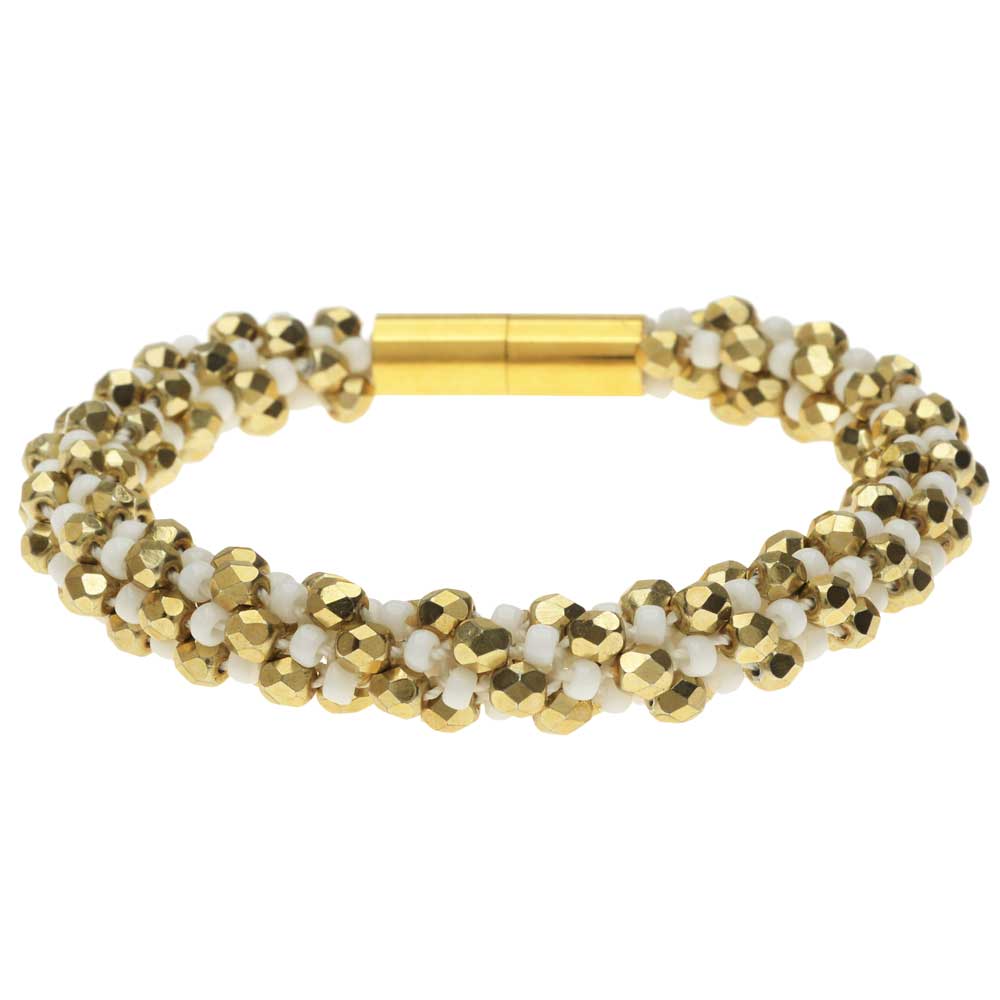 Deluxe Spiral Beaded Kumihimo Bracelet - White and Gold - Exclusive Beadaholique Jewelry Kit