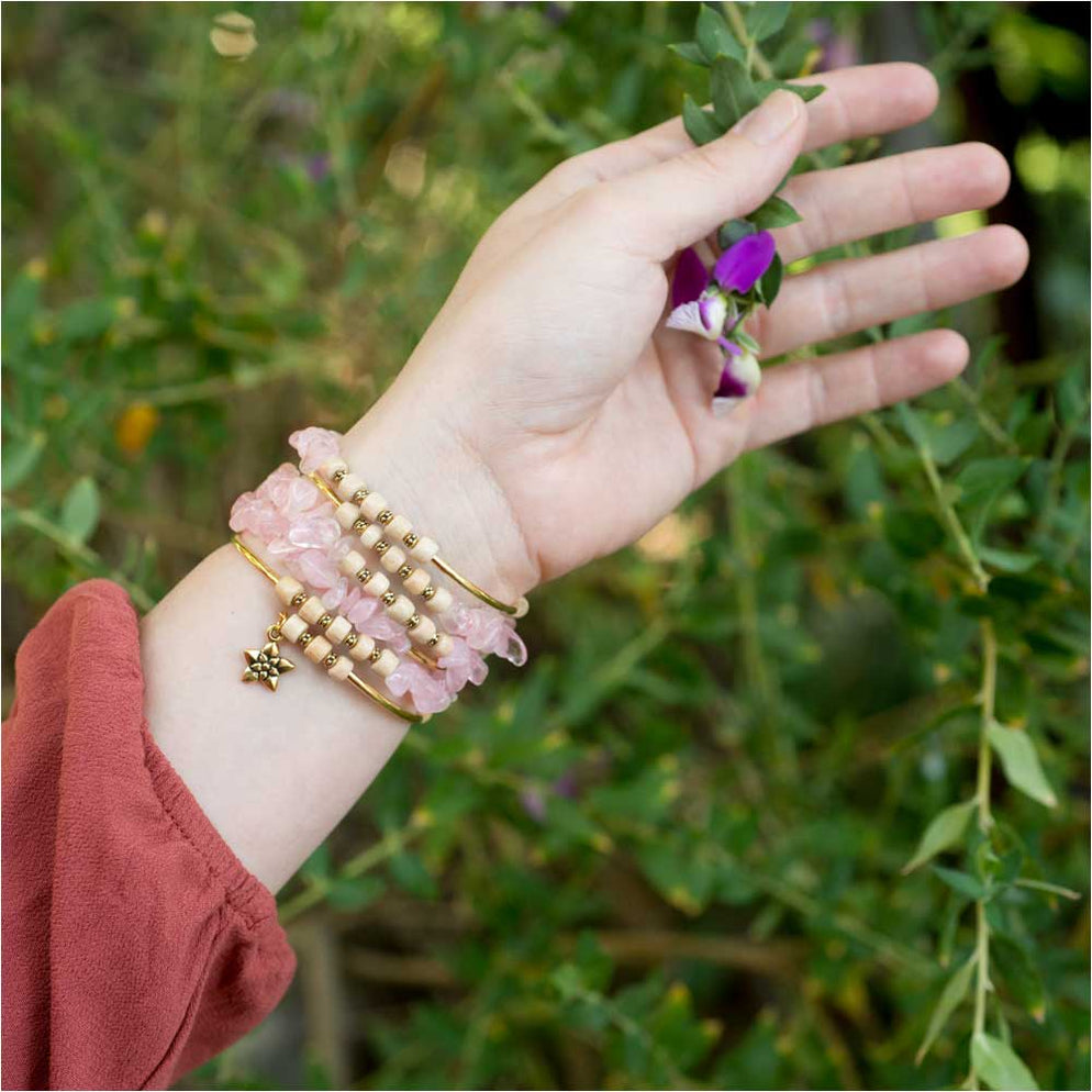 Boho Gold And Rose Quartz Gemstone Memory Wire Bracelet Exclusive Bead — Beadaholique 5636