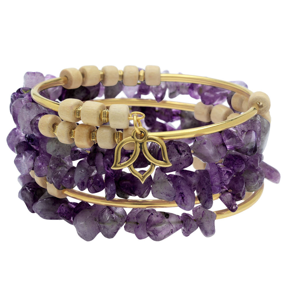 Boho Gold & Amethyst Gemstone Memory Wire Bracelet - Exclusive Beadaholique Jewelry