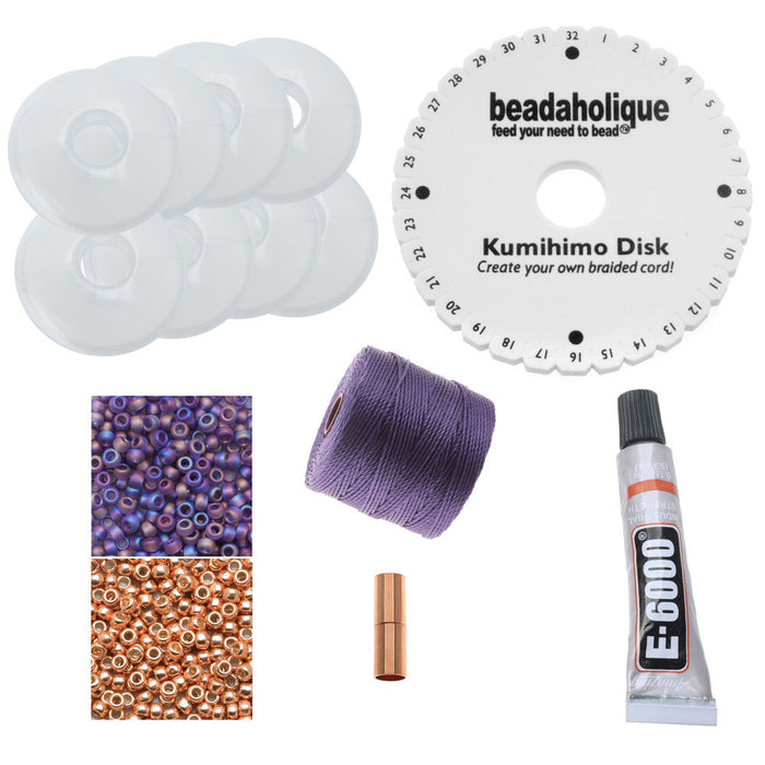 Long Beaded Kumihimo Necklace - Rainbow Purple & Rose Gold - Exclusive Beadaholique Jewelry Kit