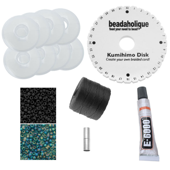 Long Beaded Kumihimo Necklace - Black & Rainbow Teal - Exclusive Beadaholique Jewelry Kit