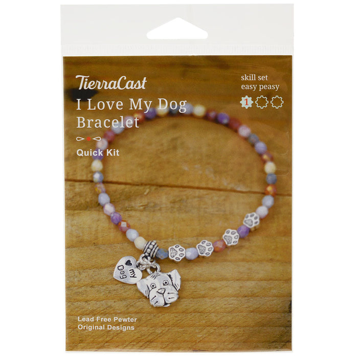 Bracelet Jewelry Kit, I Love My Dog, Makes 1 Stetch Bracelet, Antiqued Silver, By TierraCast
