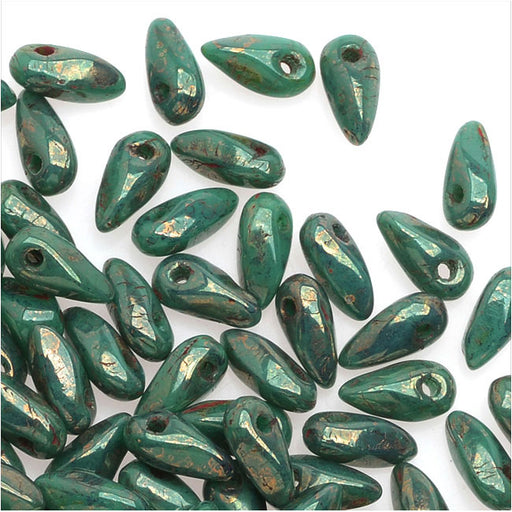 Czech Glass Mini Dagger Beads, 2.5x6mm, 10 Gram Tube, Gulf Turquoise/Bronze Picasso