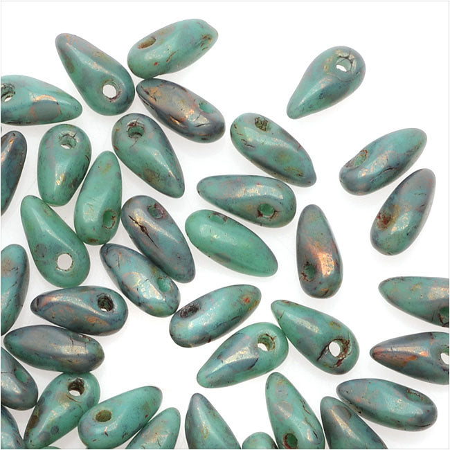 Czech Glass Mini Dagger Beads, 2.5x6mm, 10 Gram Tube, Turquoise - Copper Picasso