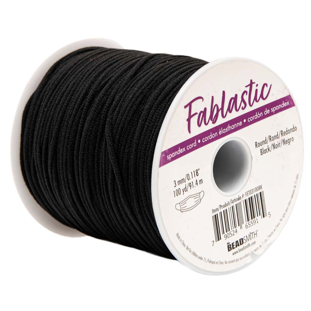 Fablastic Stretch Cord for Mask Making, Round 3mm (0.118 Inch) Thick, Black (100 Yard Spool)