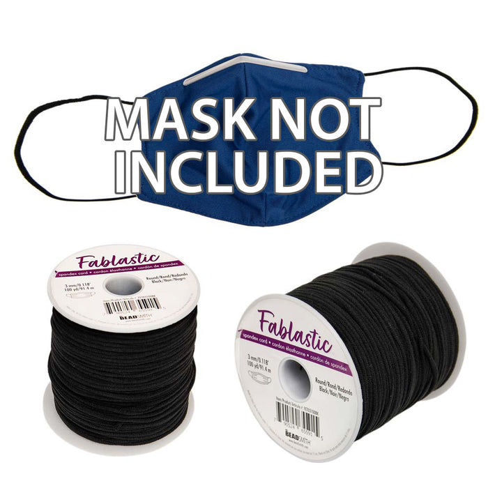 Fablastic Stretch Cord for Mask Making, Round 3mm (0.118 Inch) Thick, Black (100 Yard Spool)