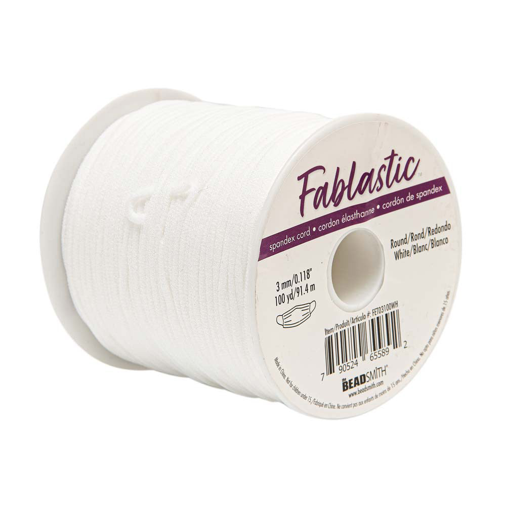 Fablastic Stretch Cord for Mask Making, Round 3mm (0.118 Inch) Thick, White (100 Yard Spool)