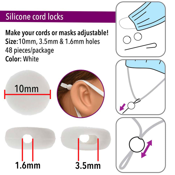 Fablastic Cord Locks for Mask Making, Round 10mm with 1.6 & 3.5mm Holes, White (48 Pieces)