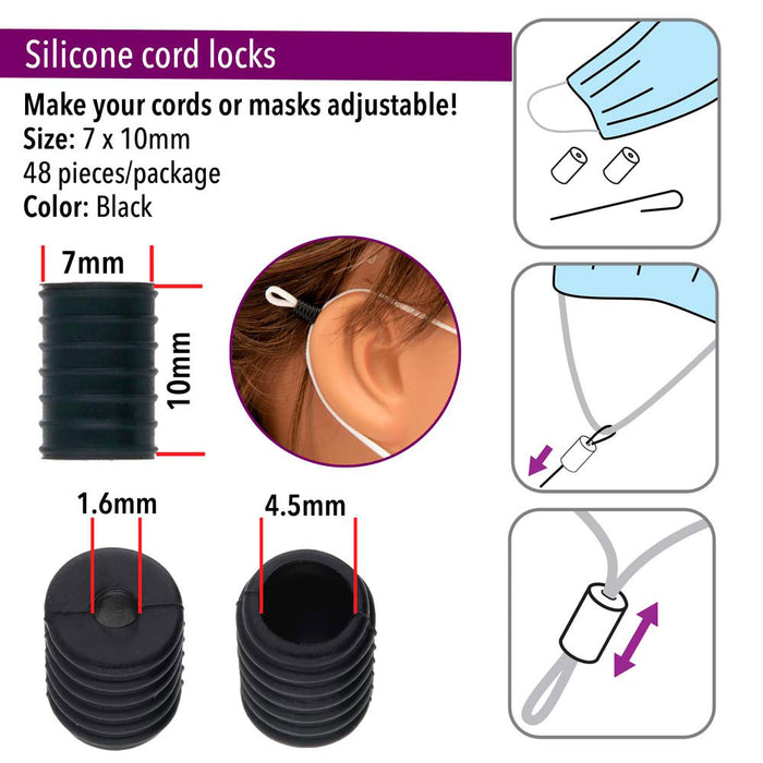 Fablastic Cord Locks for Mask Making, Cylinder 7x10mm with 1.6 & 4.5mm Holes, Black (48 Pieces)
