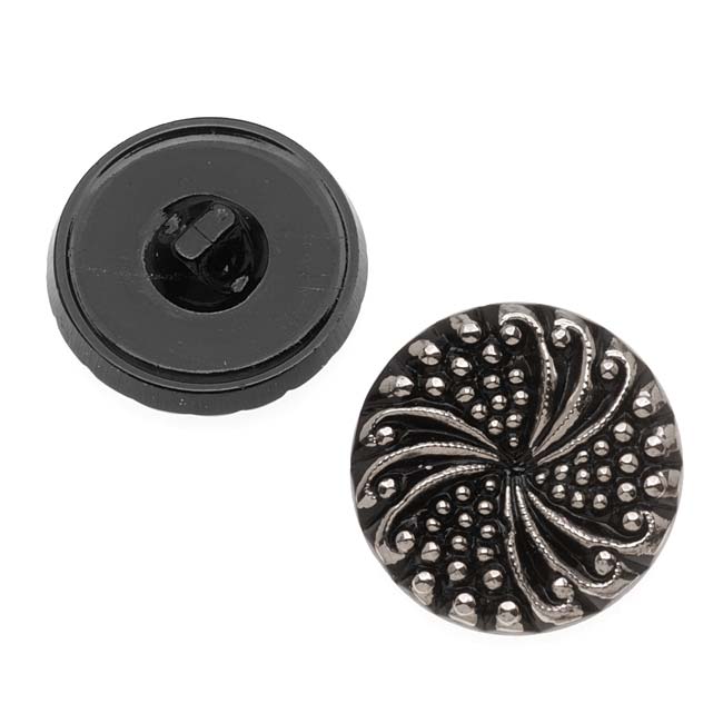 Czech Glass, Engraved Round Buttons with Swirl 23mm, Silver on Jet (2 Pieces)
