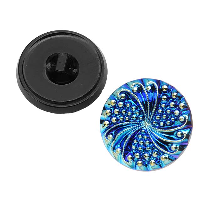 Czech Glass, Engraved Round Buttons with Swirl 23mm, Blue AB on Jet (2 Pieces)