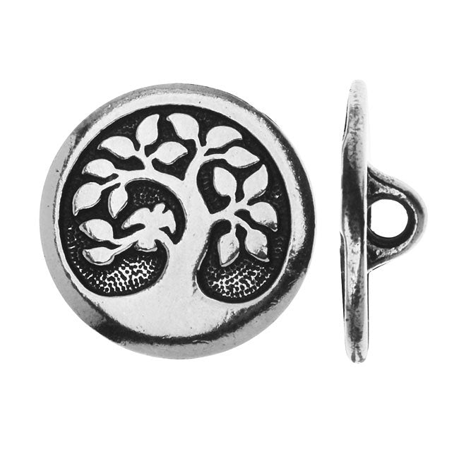 TierraCast Pewter, Round Button Tree with Bird 16mm, Antiqued Silver (1 Piece)