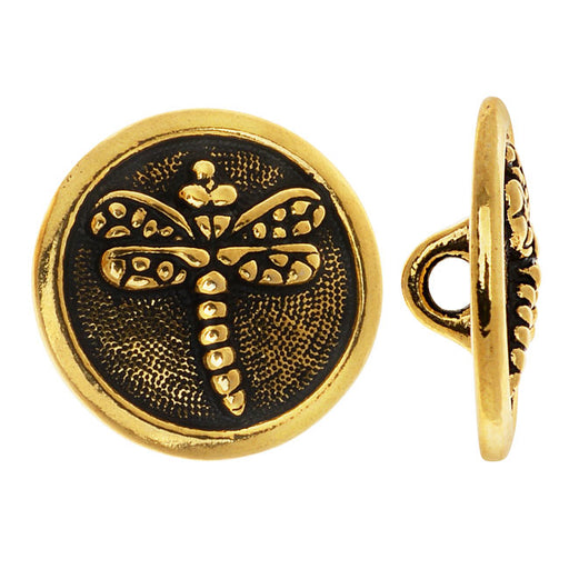 TierraCast Pewter, Round Button Dragonfly 16.5mm, Antiqued Gold (1 Piece)