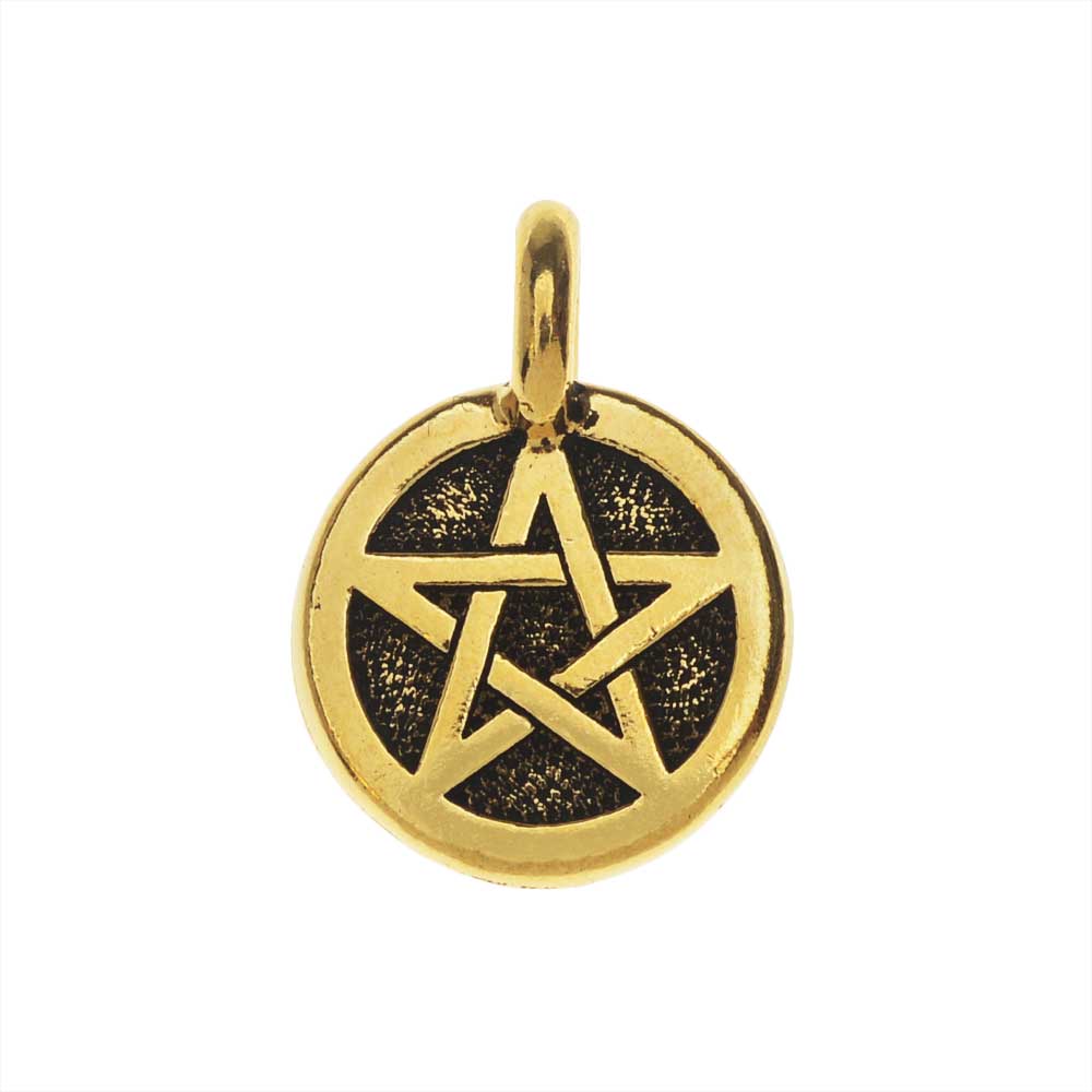 TierraCast Pewter Charm, Round Pentagram Symbol 16.5x11.5mm, 1 Piece, Antiqued Gold Plated