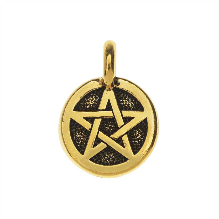 TierraCast Pewter Charm, Round Pentagram Symbol 16.5x11.5mm, 1 Piece, Antiqued Gold Plated