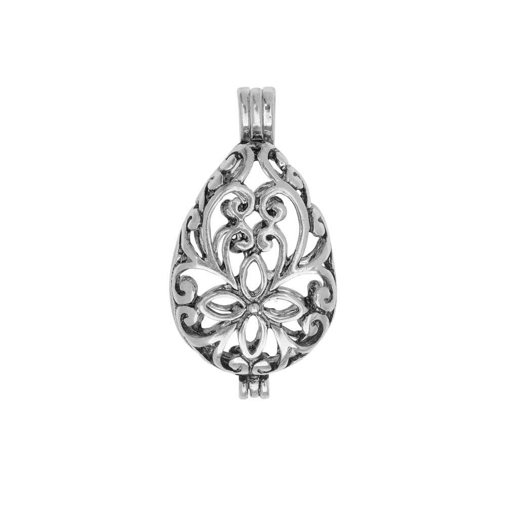 Aromatherapy Diffuser Locket Pendant, Teardrop 16x29.5mm, 1 Pendant, Antiqued Silver Plated