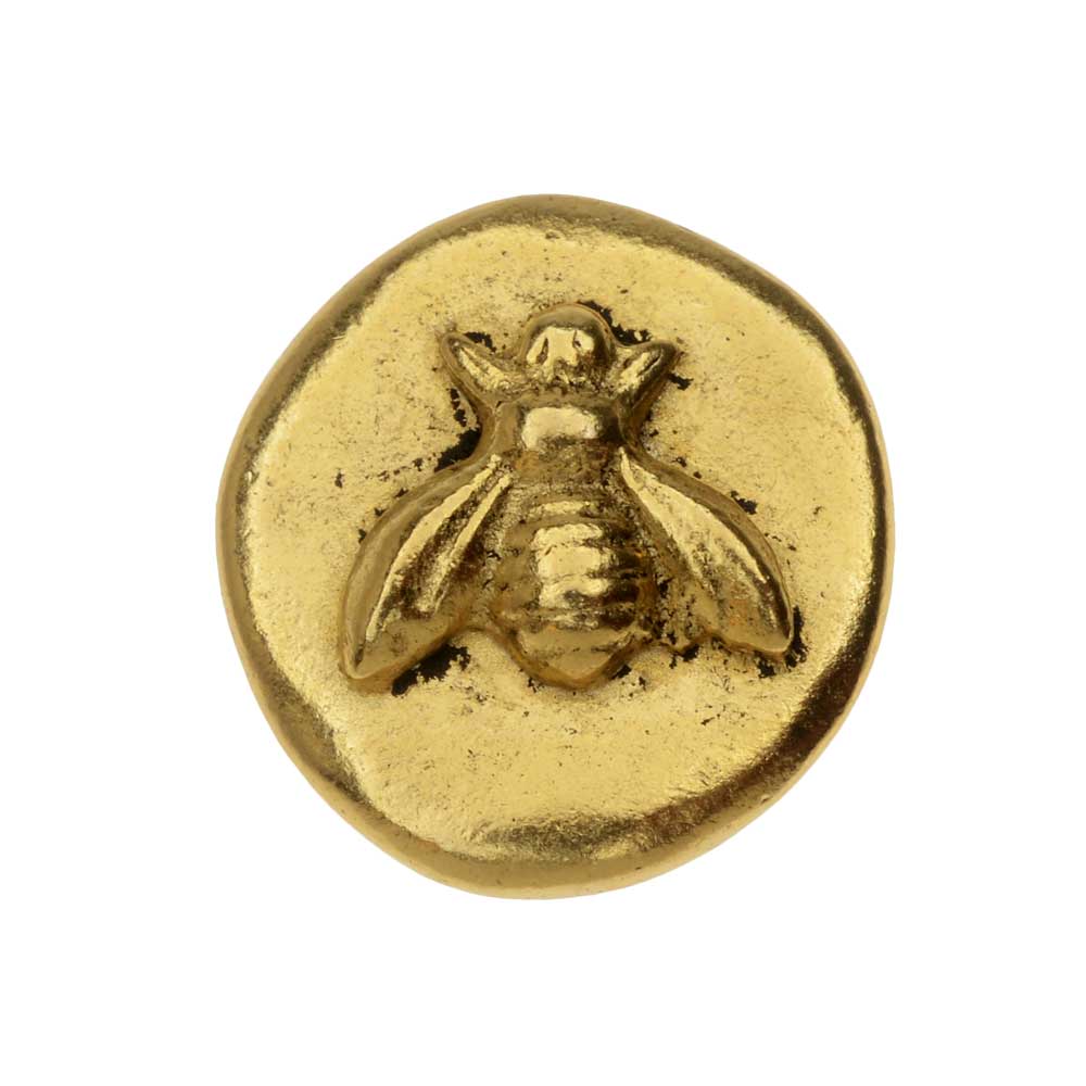 Nunn Design Button, Organic Round with Bee 18mm, Antiqued Gold Plated (1 Piece)