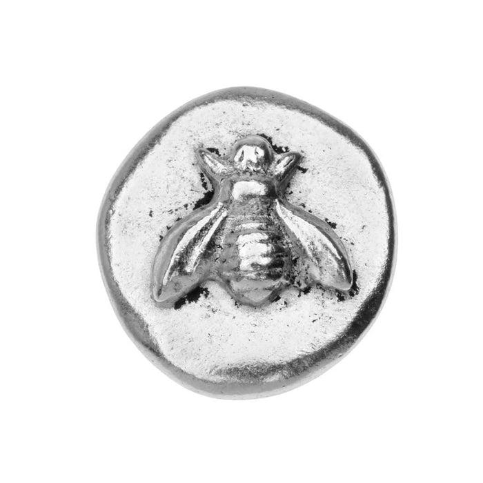 Nunn Design Button, Organic Round with Bee 18mm, Antiqued Silver Plated (1 Piece)
