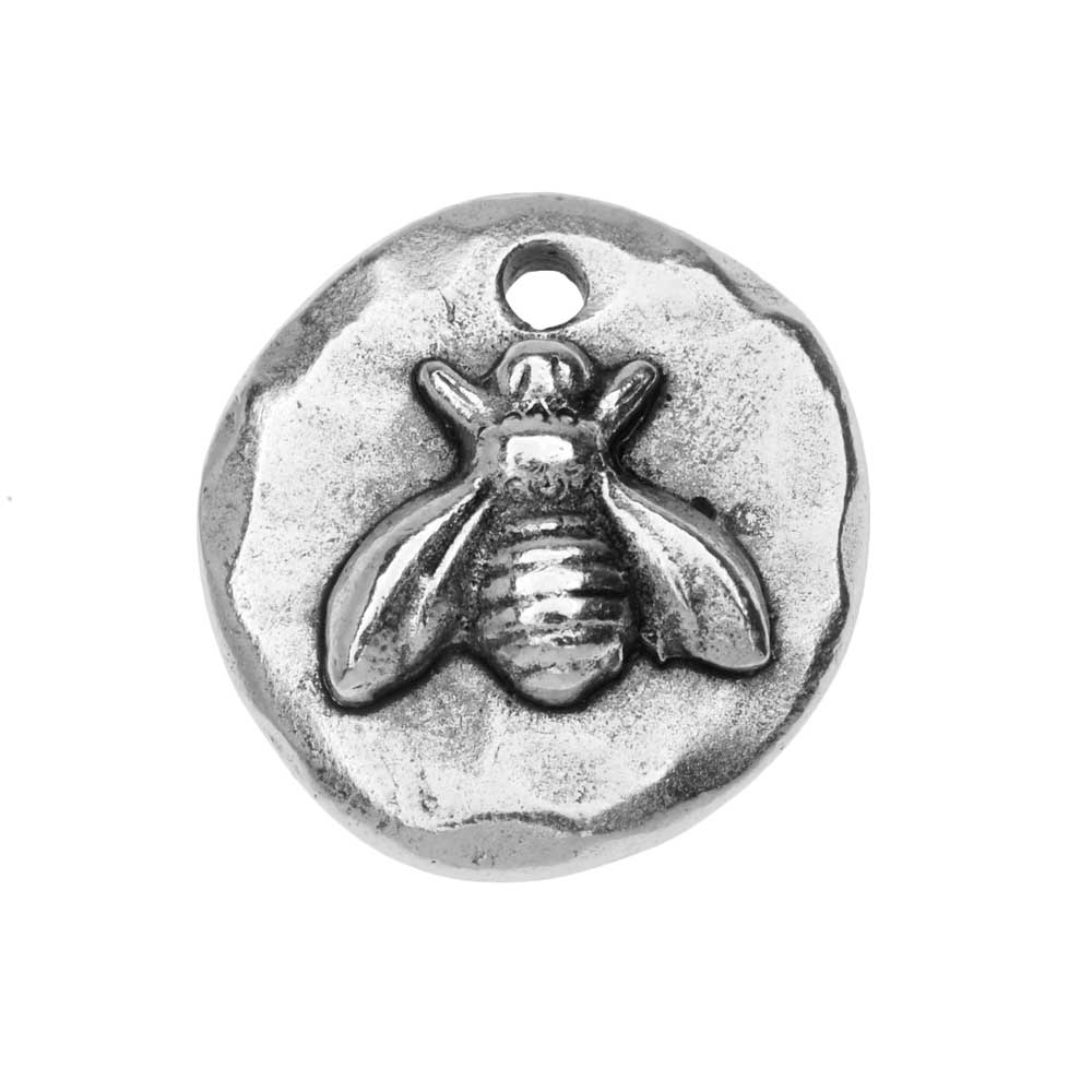 Nunn Design Charm, Organic Round with Bee 18mm, Antiqued Silver Plated (1 Piece)