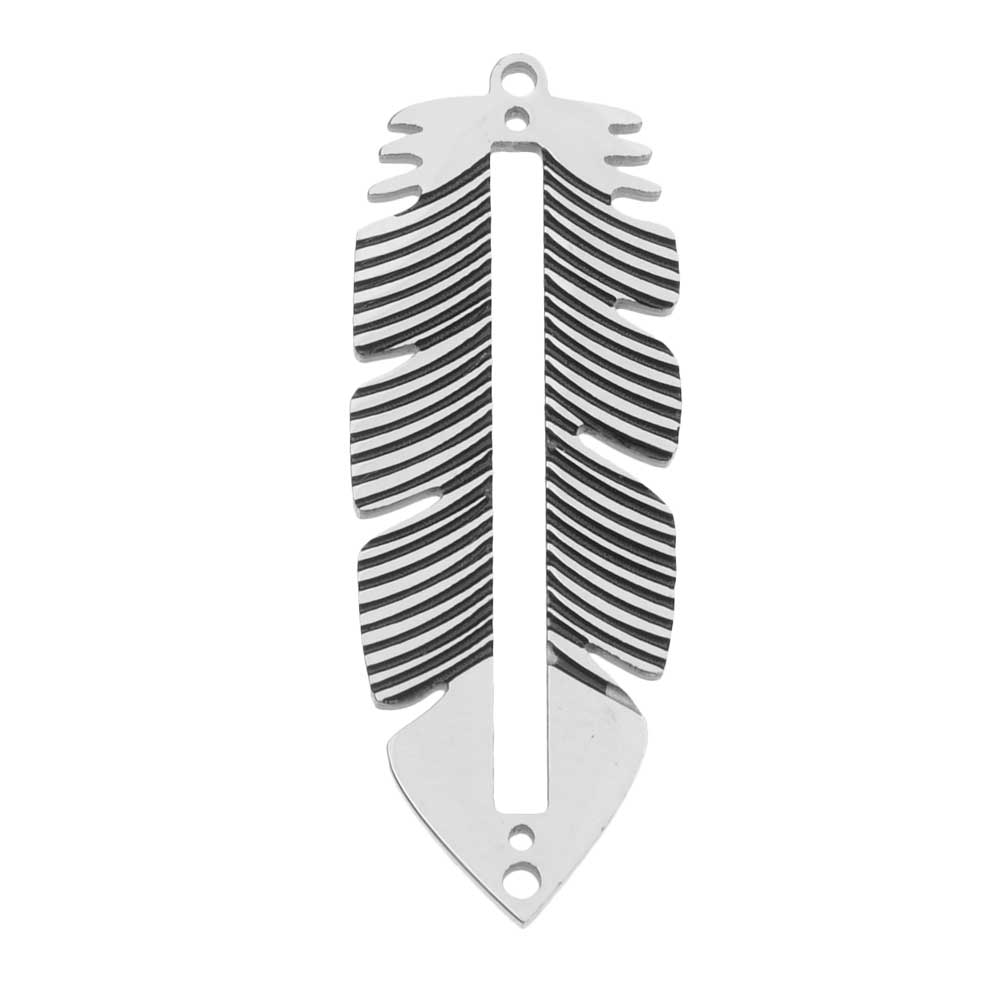 Centerline Beadable Pendant Link, Feather with Cutout and Holes 31.5x11.5mm, Silver Plated (1 Piece)