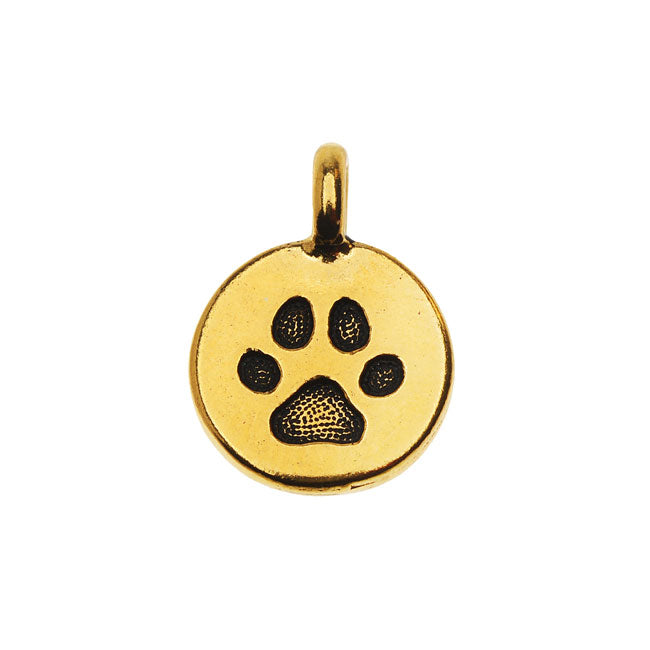 Pewter Charm, Round Paw Print 16.5x11.5mm, Antiqued Gold, By TierraCast (1 Piece)